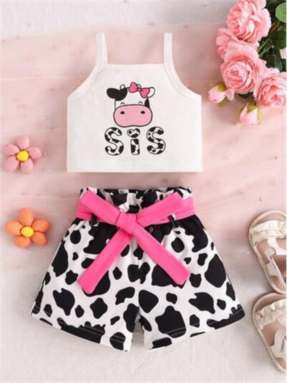 Children's Cow Print Tank Top & Shorts Set